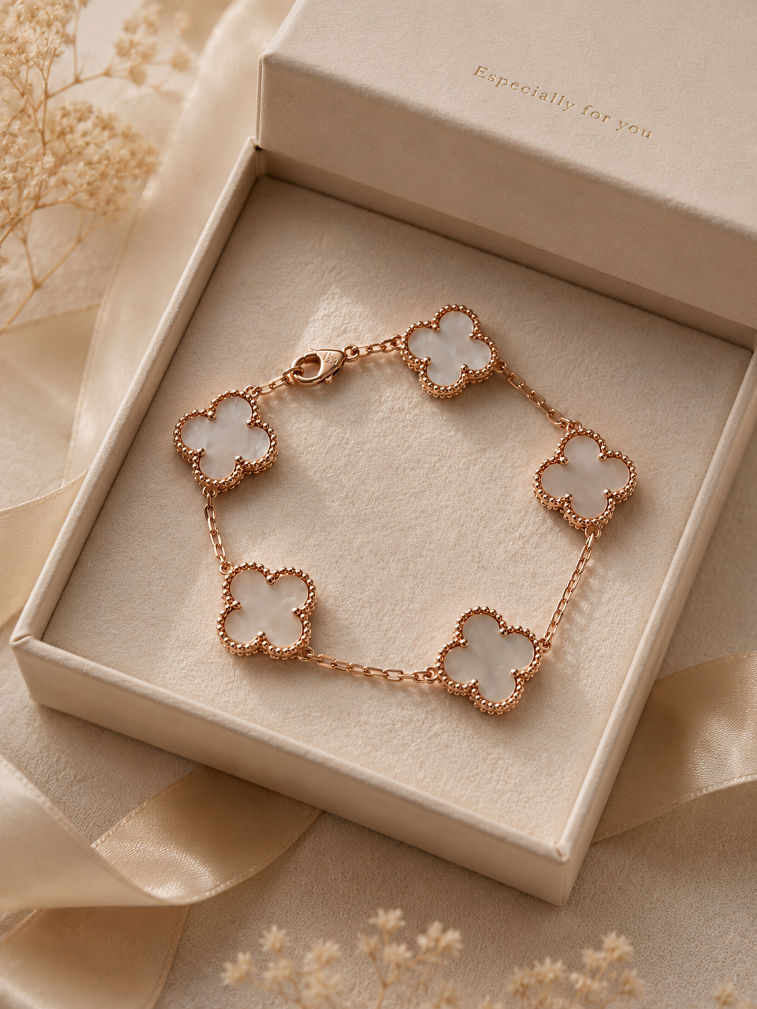 Mother of Pearl Clover Bracelet – 925 Sterling Silver Rose Gold Plated Lucky Clover Bracelet