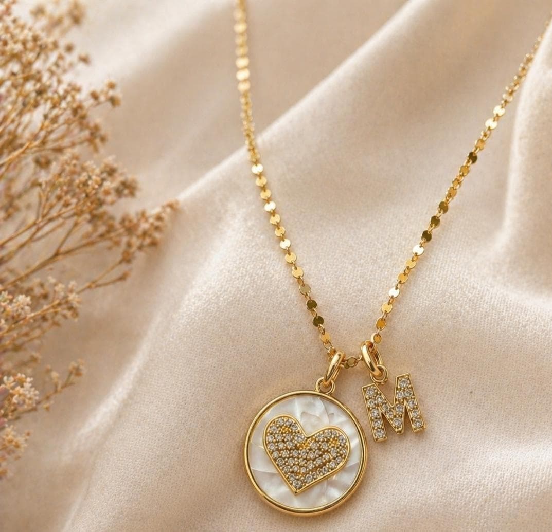 Personalized Pearl Heart Dot Chain Necklace, Gold Initial & Birthstone Charm Necklace, Mother of Pearl Style Pendant