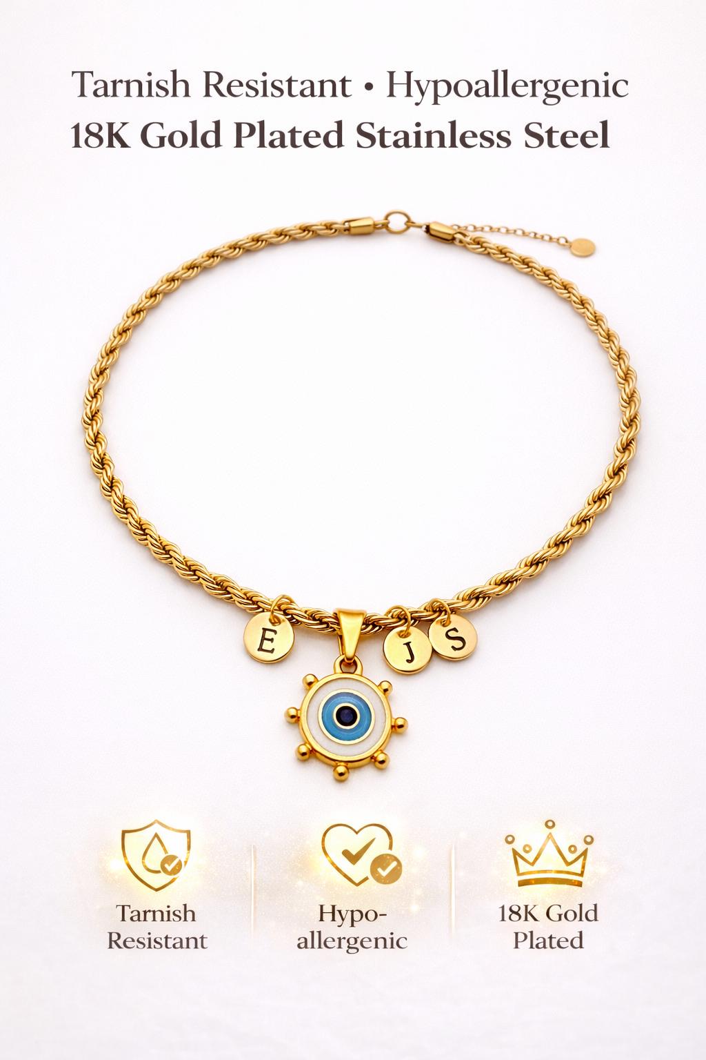 Personalized Evil Eye Rope Chain Necklace, Custom Initial Necklace, Gold Statement Necklace, Gift for Her