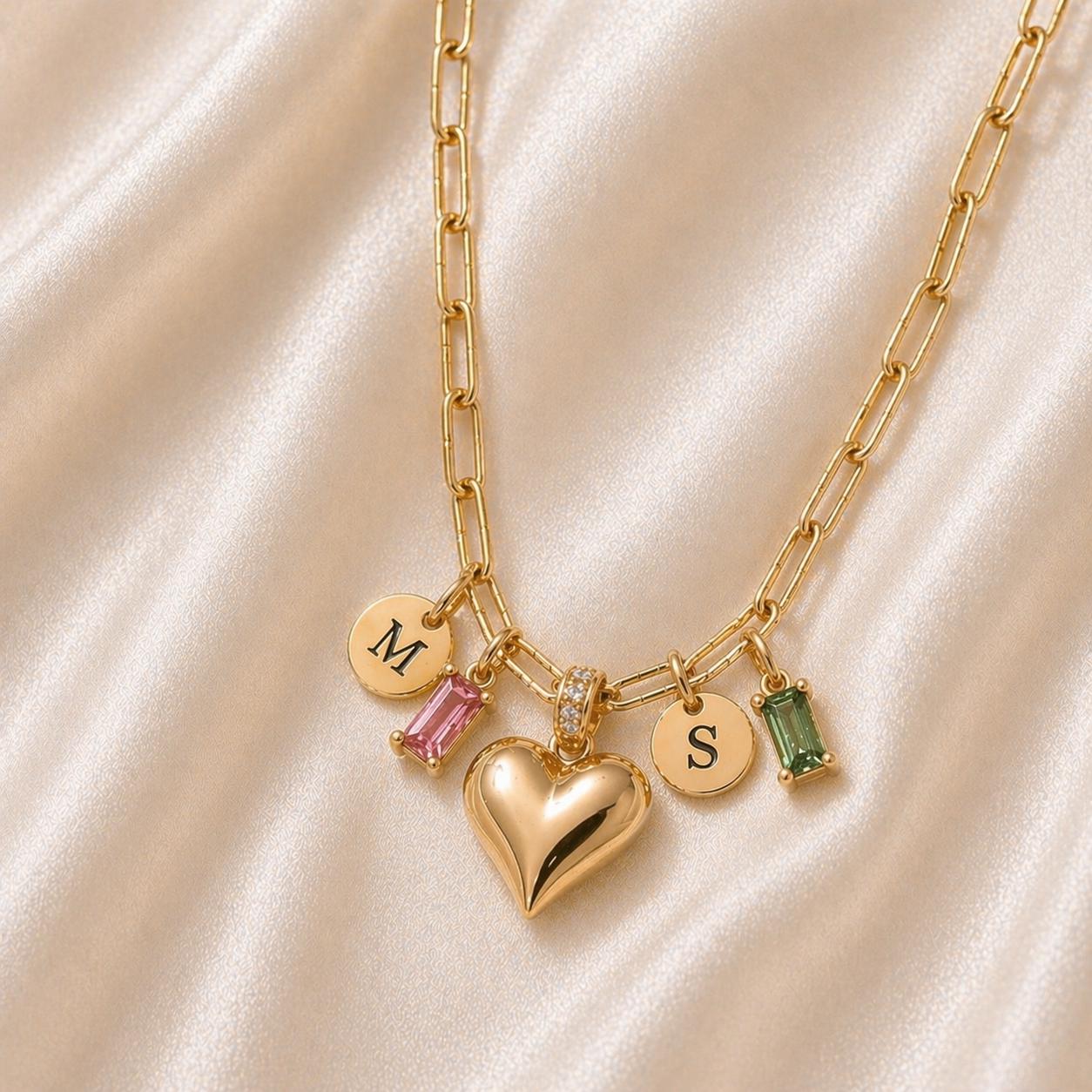 Custom Heart Necklace, Gold Initial Necklace with Birthstone, Stainless Steel Gold Pendant Necklace, Custom Name Jewelry Gift for Her