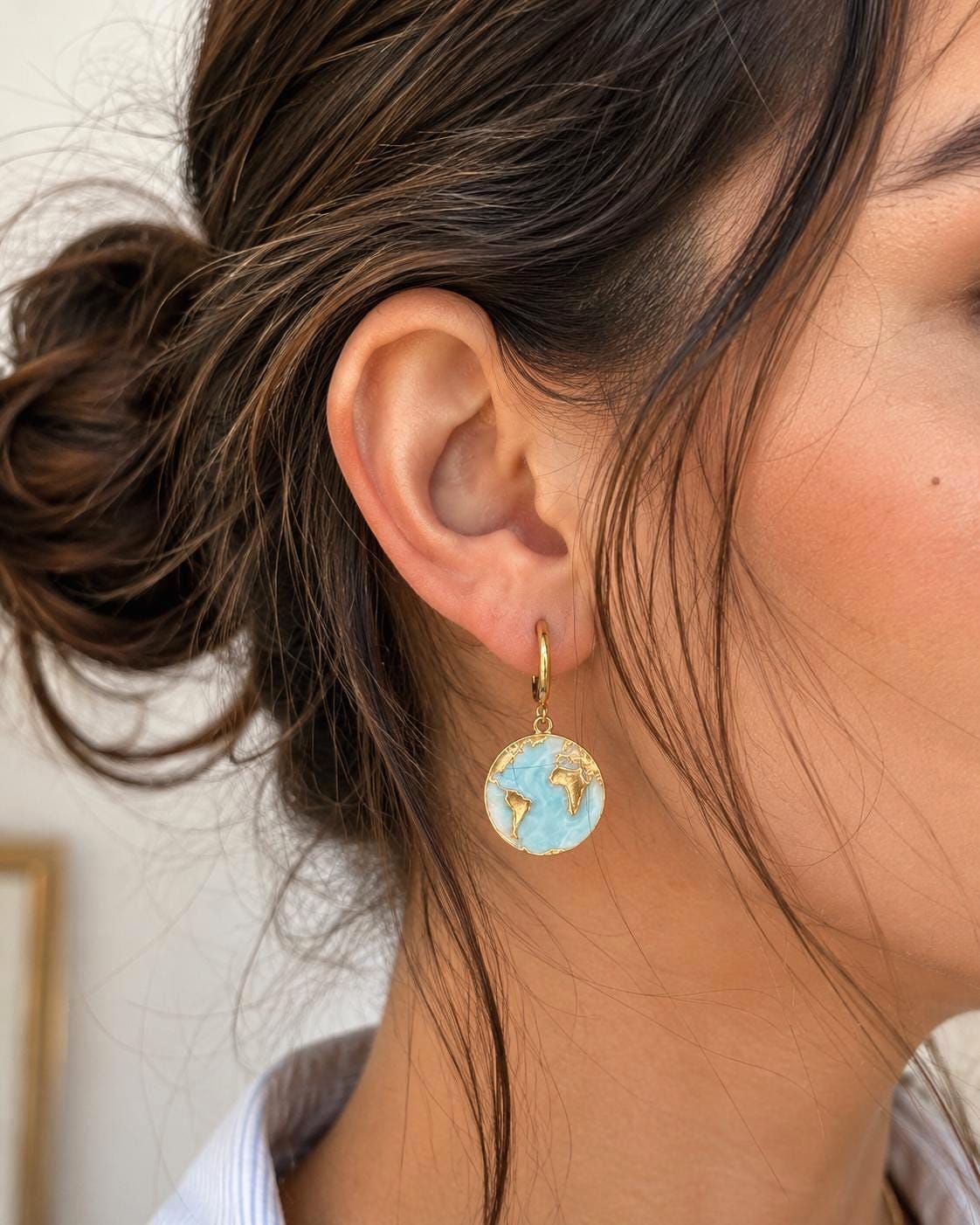 18K Gold Plated Globe Earrings, Stainless Steel World Map Hoop Earrings, Travel Lover Gift, Dangle Earrings, Blue Enamel Statement Jewelry