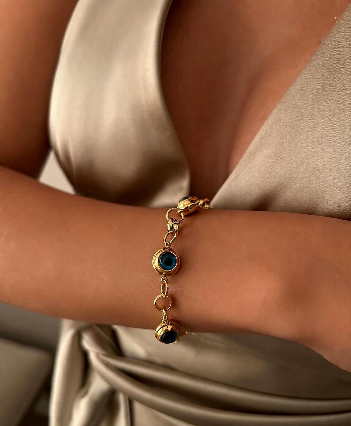 Gold Evil Eye Bracelet | Stainless Steel Chain, Protection Jewelry|Gold Adjustable Bracelet
