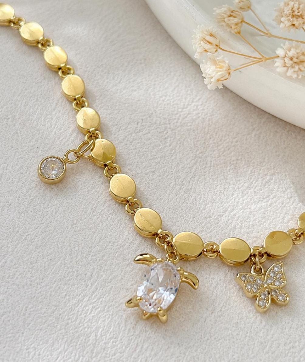 Sea Turtle Bracelet|Gold Charm Bracelet|Butterfly Bracelet|Coastal Jewelry|Beach Lover Gift|Waterproof Gold Bracelet|Gift for her