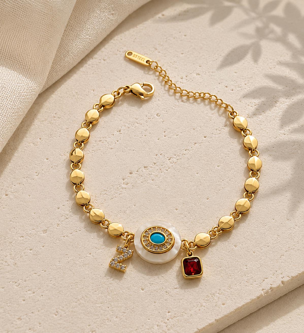 Gold Plated Stainless Steel Evil Eye Bracelet, Adjustable Chain Jewelry