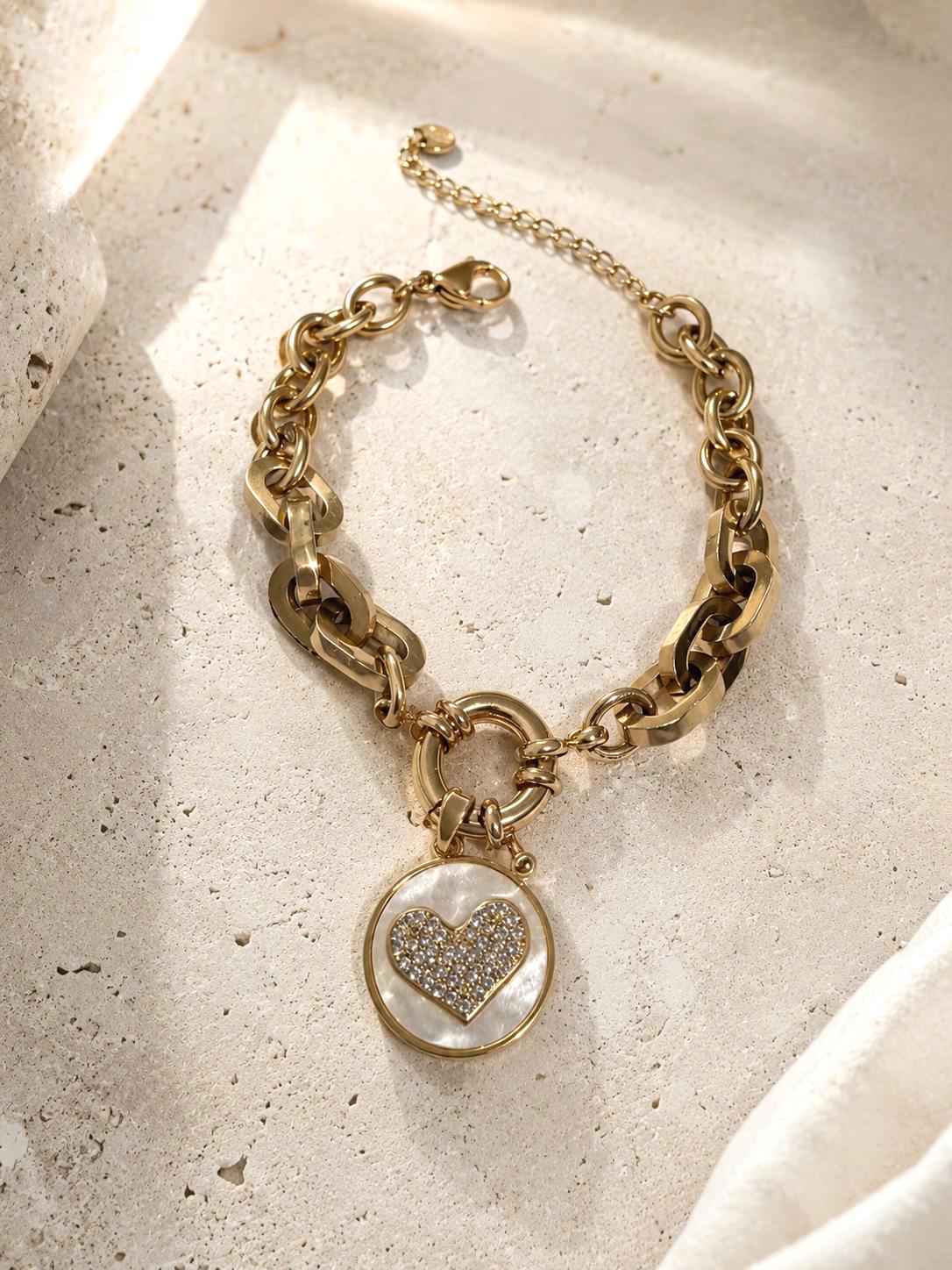 Chunky Heart Charm Bracelet Gold, 316L Stainless Steel Bracelet, 14K Gold Plated Adjustable Bracelet, Mother of Pearl Jewelry