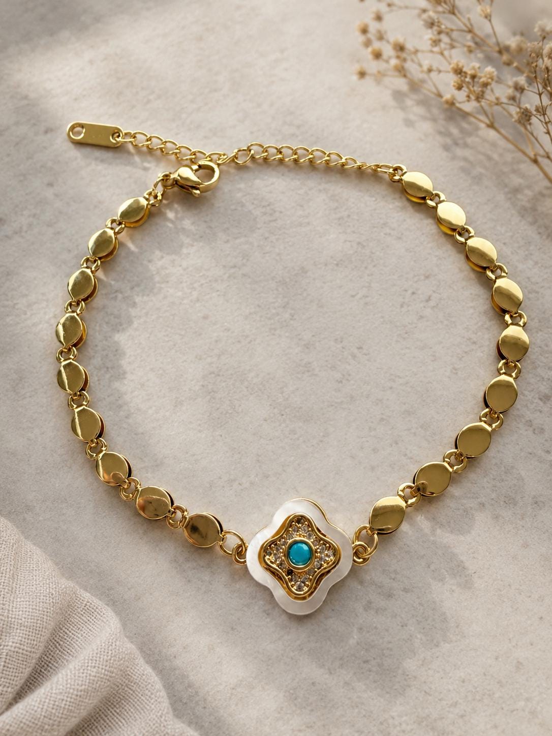 Turquoise Mother of Pearl Bracelet|Gold Charm Bracelet|Waterproof Gold Bracelet|Coastal Beach Jewelry|Gift for Her