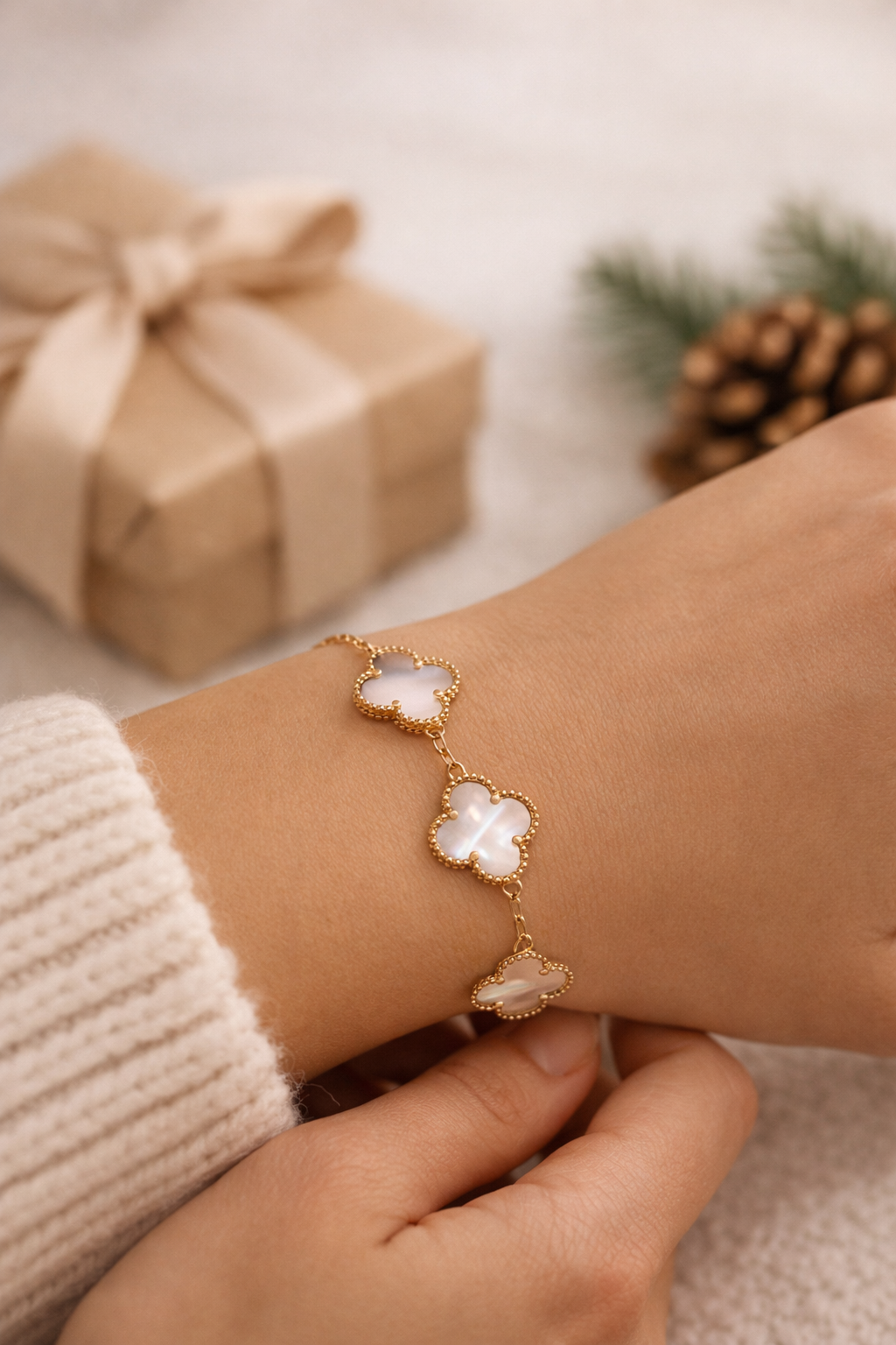 Mother of pearl clover bracelet gift for women in 925 sterling silver gold plated