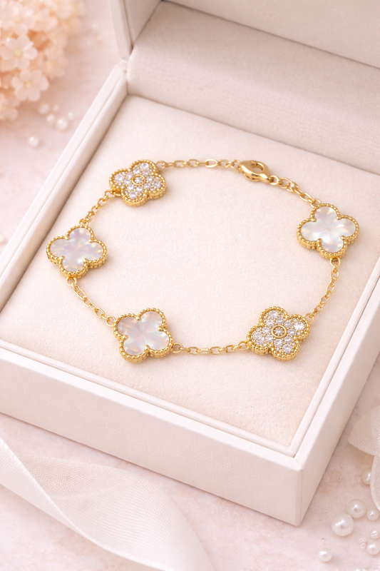 Mother of Pearl Clover Bracelet for Women, 18K Gold Plated Gold Bracelet with Cubic Zirconia, Lucky Clover Jewelry Gift