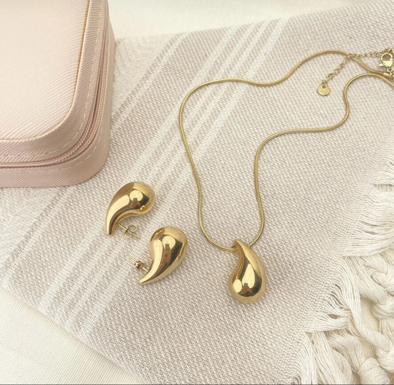 TearDrop  Earrings Necklace Set Adjustable Stainless Steel 18K Gold Plated