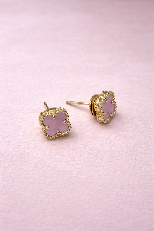 Pink Mother of Pearl Clover Stud Earrings 10mm / 15mm – 18K Gold Plated 925 Sterling Silver