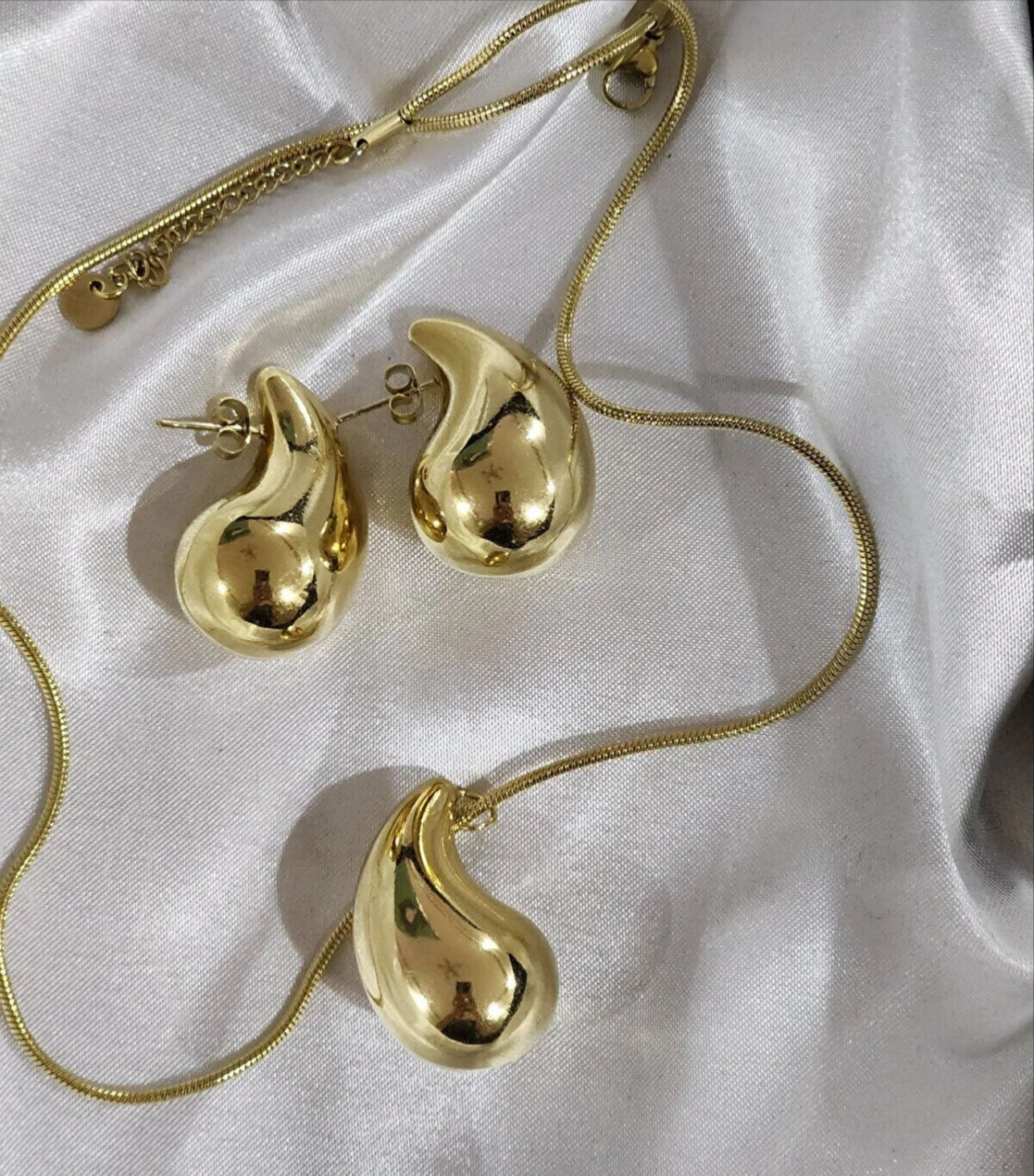 TearDrop  Earrings Necklace Set Adjustable Stainless Steel 18K Gold Plated