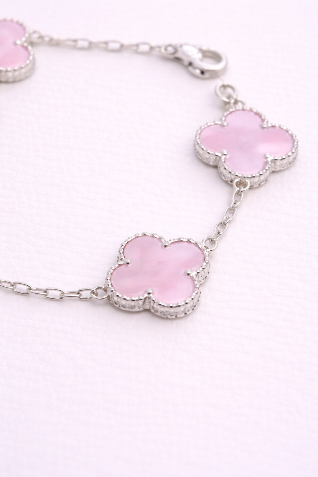 Pink Mother of Pearl Clover Bracelet, 925 Sterling Silver, White Gold Plated, Four Leaf Lucky Bracelet, Dainty Jewelry