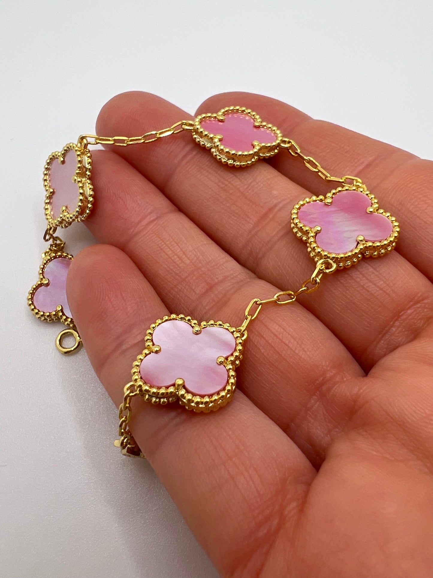 Clover Bracelet Pink 925 silver 18k Gold plated 15 mm clover size 5 motif bracelet
