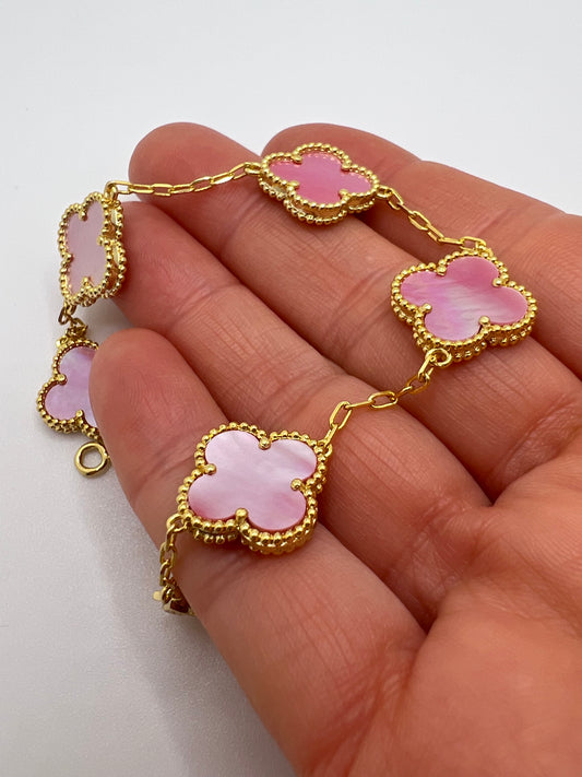 Clover Bracelet Pink 925 silver 18k Gold plated 15 mm clover size 5 motif bracelet