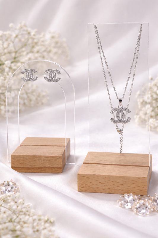 Cubic Zirconia Necklace and Stud Earring Set – 18K White Gold Plated Stainless Steel, Adjustable