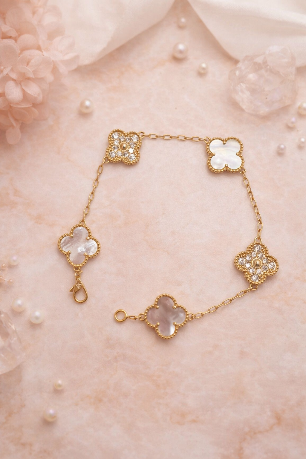 Mother of Pearl Clover Bracelet for Women, 18K Gold Plated Gold Bracelet with Cubic Zirconia, Lucky Clover Jewelry Gift