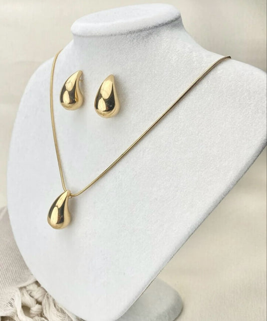 TearDrop  Earrings Necklace Set Adjustable Stainless Steel 18K Gold Plated