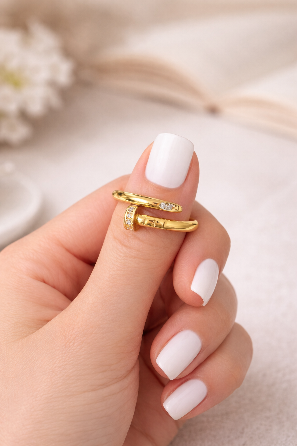 18K Gold Plated CZ Nail Ring, Stainless Steel Ring, Non Tarnish Ring, Minimalist Gold Ring, Waterproof Jewelry, Gift for Her
