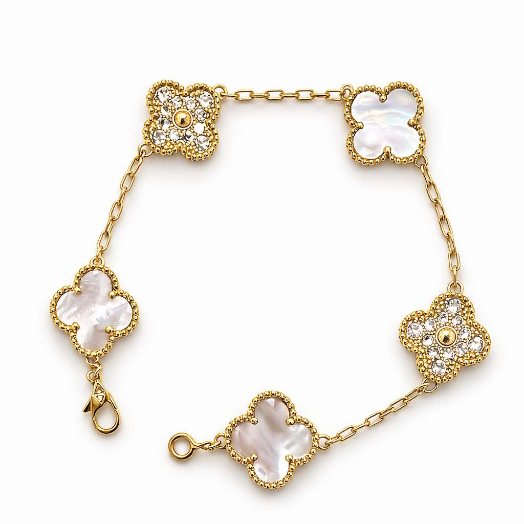 Mother of Pearl Clover Bracelet for Women, 18K Gold Plated Gold Bracelet with Cubic Zirconia, Lucky Clover Jewelry Gift