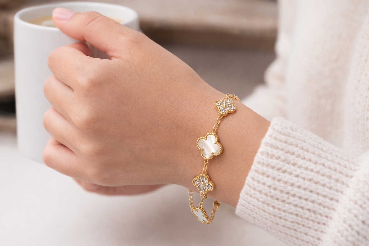 Mother of Pearl Clover Bracelet for Women, 18K Gold Plated Gold Bracelet with Cubic Zirconia, Lucky Clover Jewelry Gift
