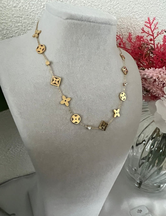 Gold Floral Charm Necklace – Dainty  Choker, Geometric Pendant Chain for Women