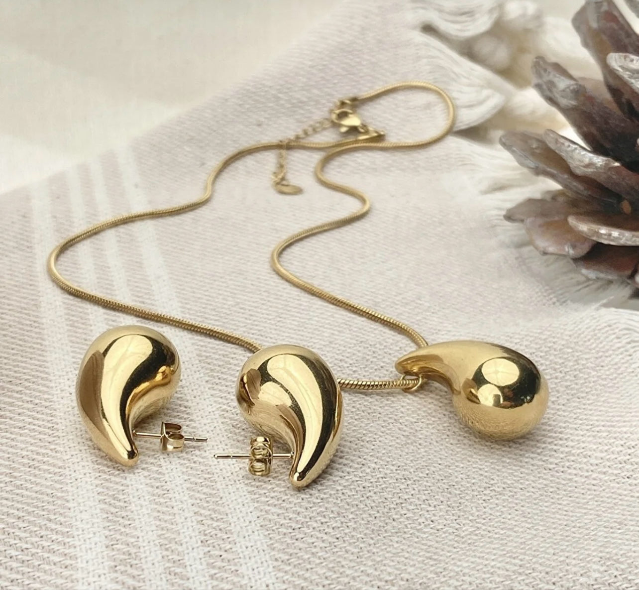 TearDrop  Earrings Necklace Set Adjustable Stainless Steel 18K Gold Plated