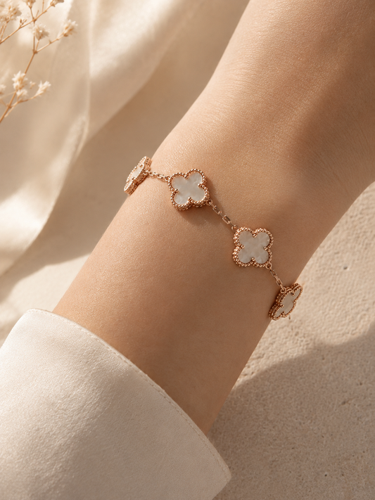 Mother of Pearl Clover Bracelet – 925 Sterling Silver Rose Gold Plated Lucky Clover Bracelet
