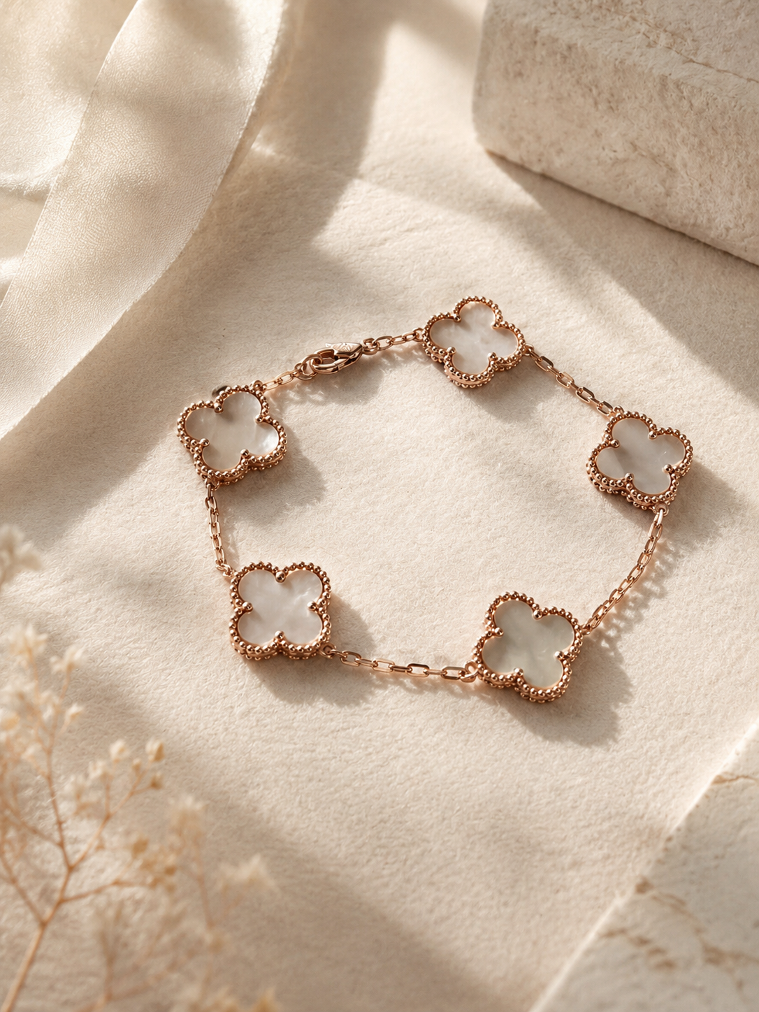 Mother of Pearl Clover Bracelet – 925 Sterling Silver Rose Gold Plated Lucky Clover Bracelet