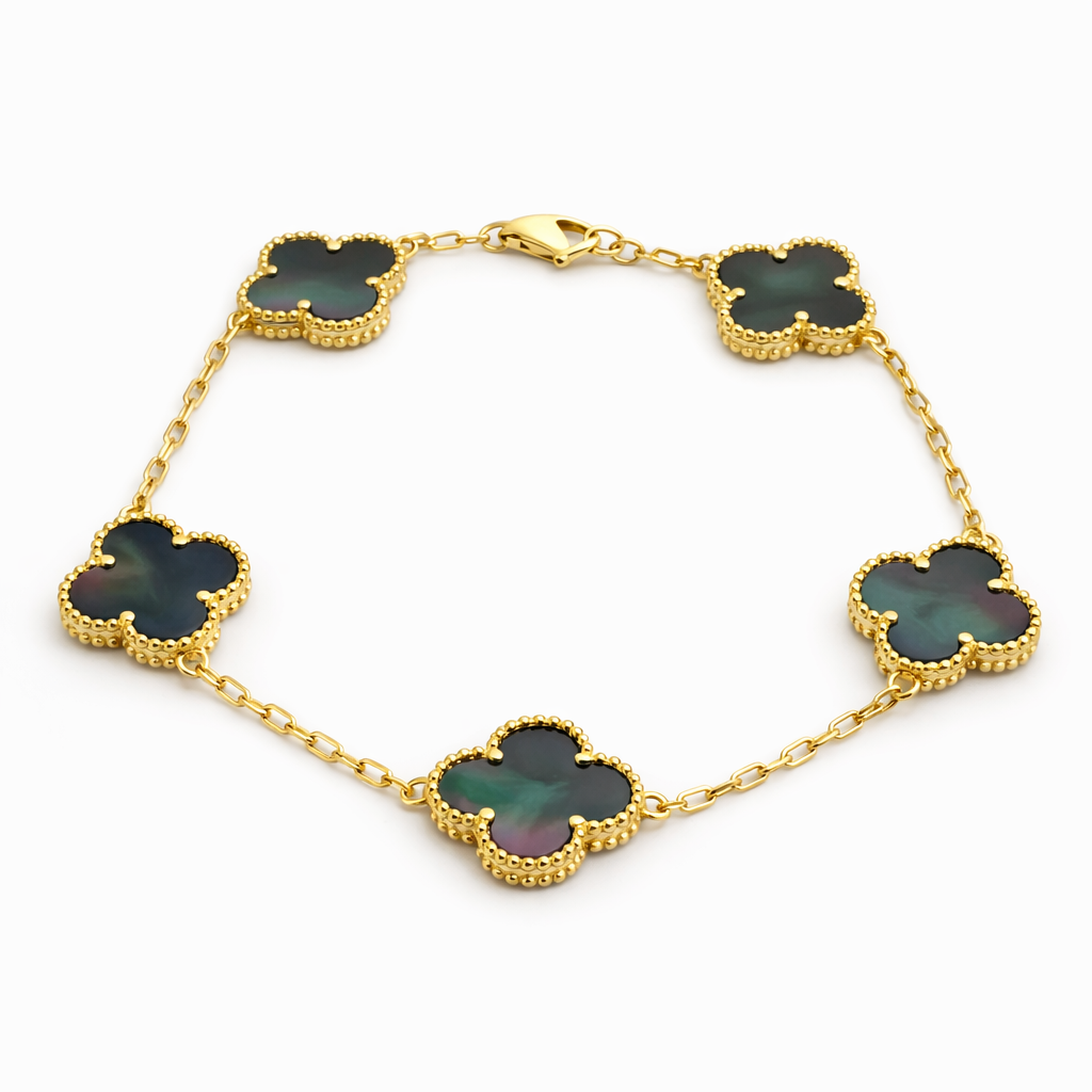 Gold clover bracelet with 15mm gray mother of pearl stones, 18K gold plated lucky bracelet