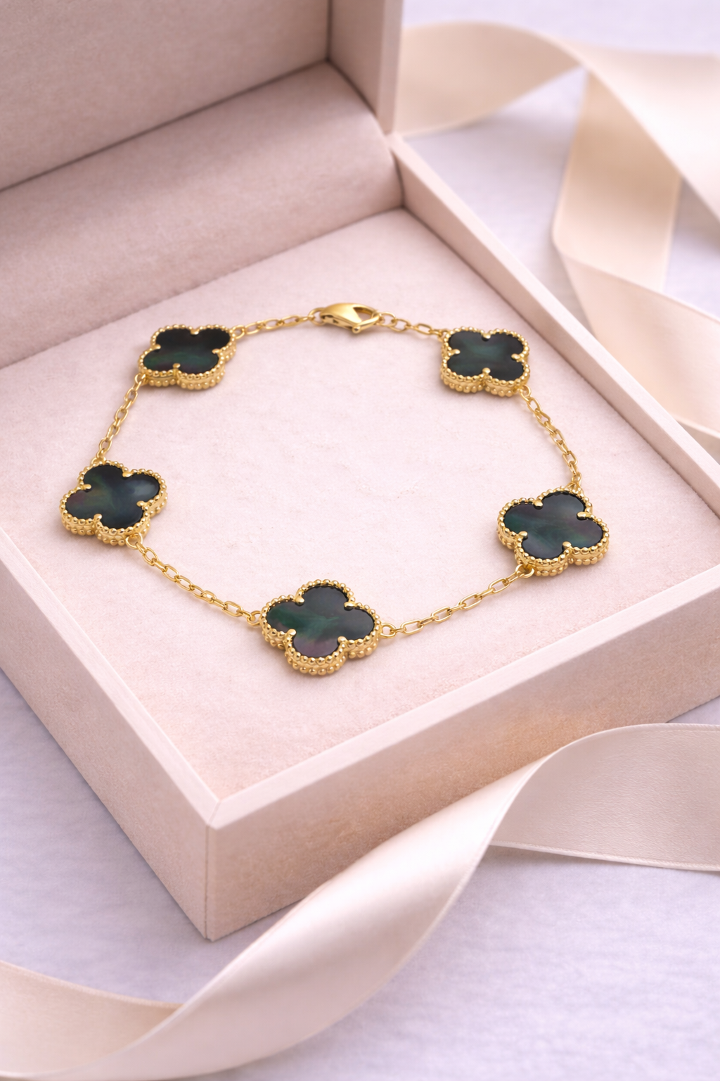 Gray mother of pearl clover bracelet in gift box, luxury jewelry gift for women