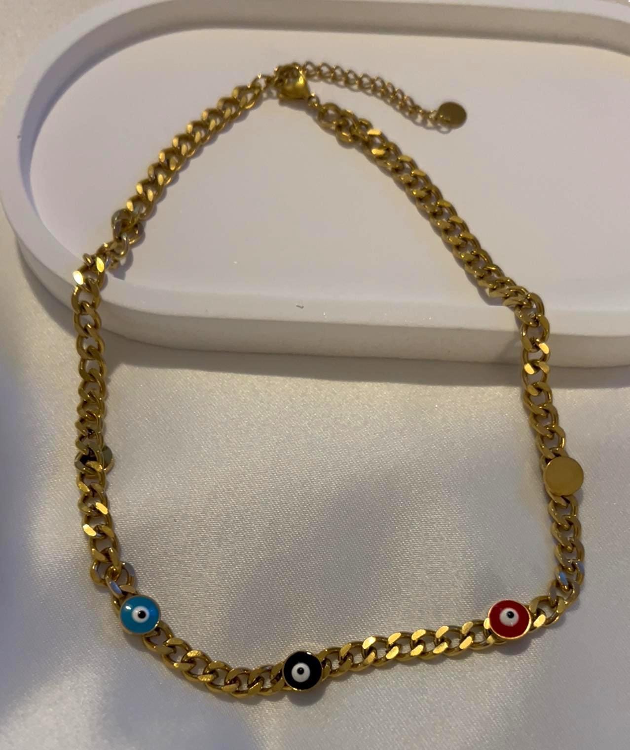 Gold Evil Eye Necklace – 18K Gold Plated Stainless Steel Chain | Adjustable | Dainty Protective Jewelry