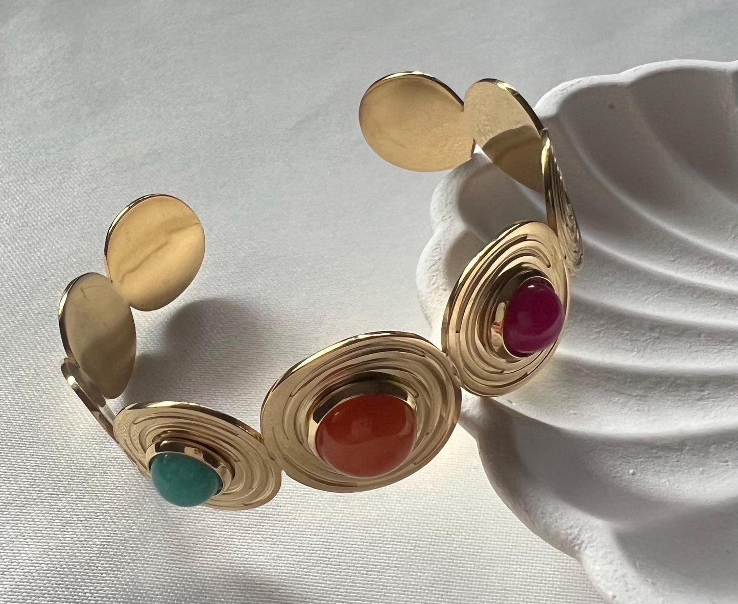 Gold Plated Gemstone Cuff Bracelet – Spiral Boho Statement Jewelry