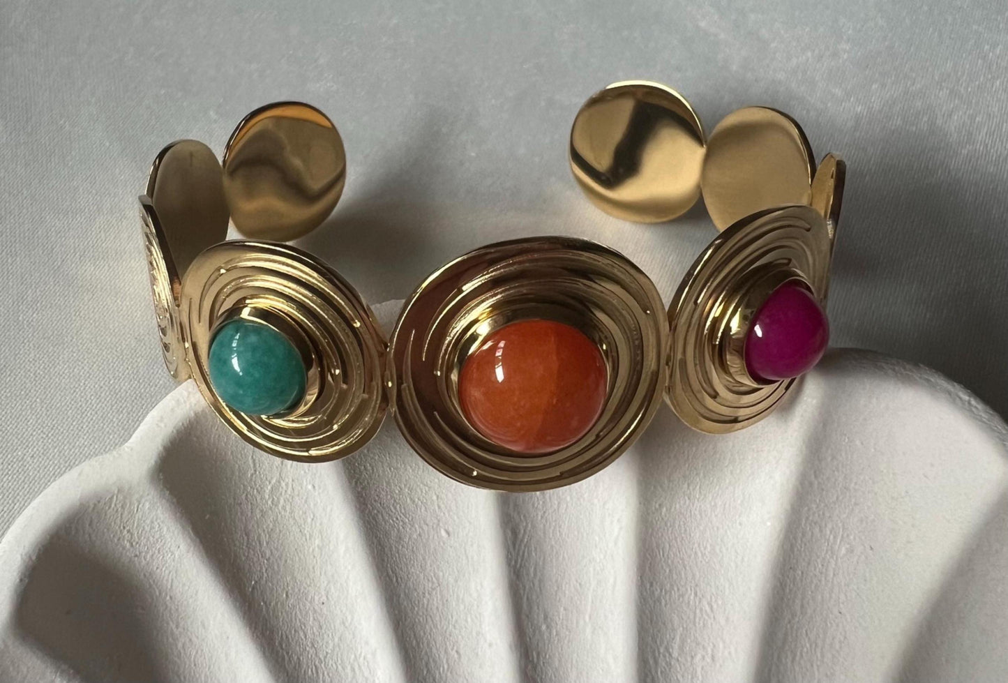 Gold Plated Gemstone Cuff Bracelet – Spiral Boho Statement Jewelry