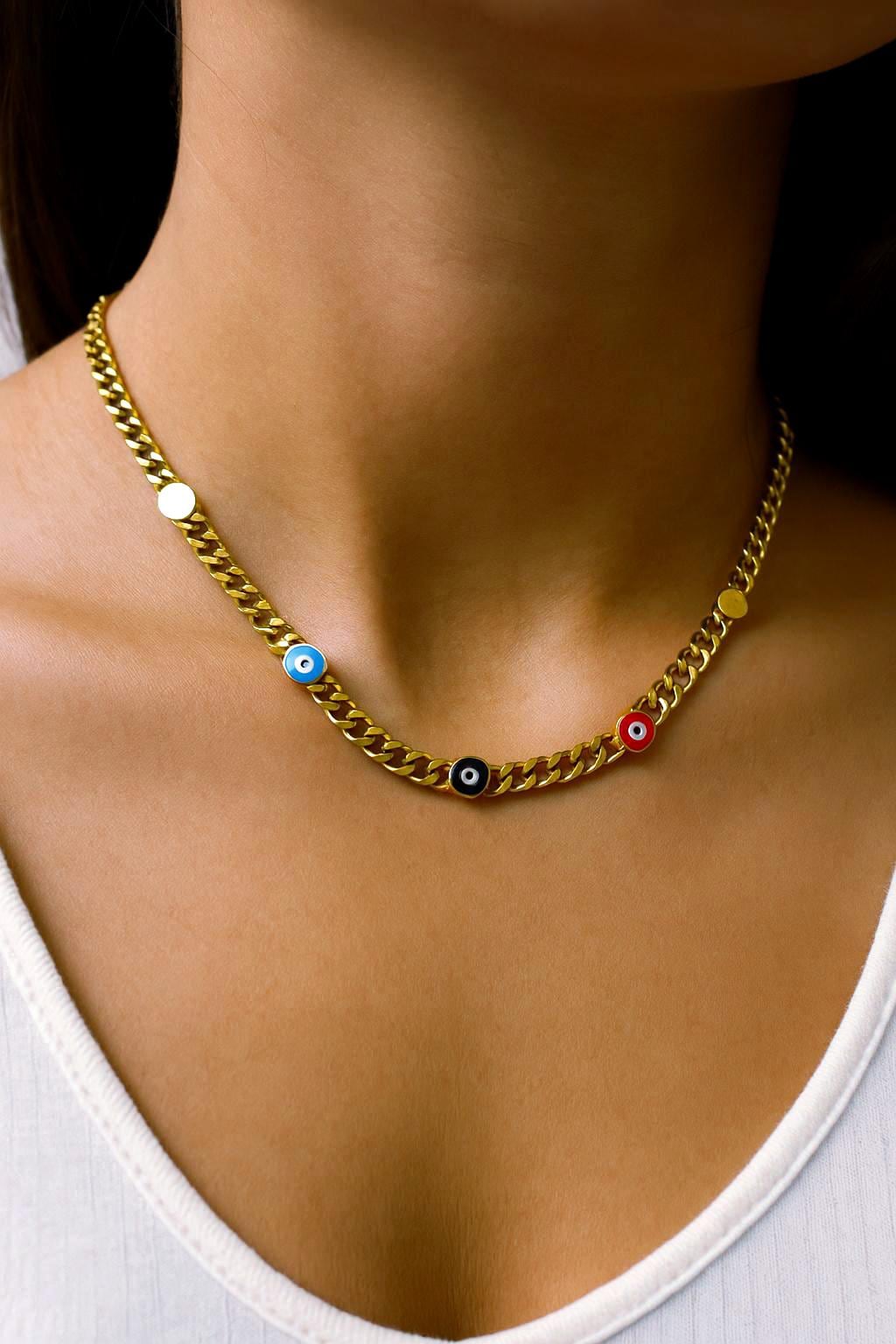 Gold Evil Eye Necklace – 18K Gold Plated Stainless Steel Chain | Adjustable | Dainty Protective Jewelry