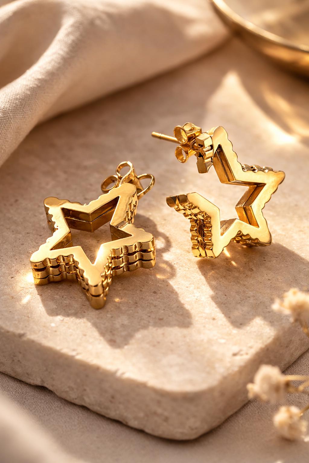 Gold Star Earrings, 18K Gold Plated Stainless Steel Stud Earrings, Chunky Statement Star Earrings, Bold Geometric Jewelry, Gift for Her