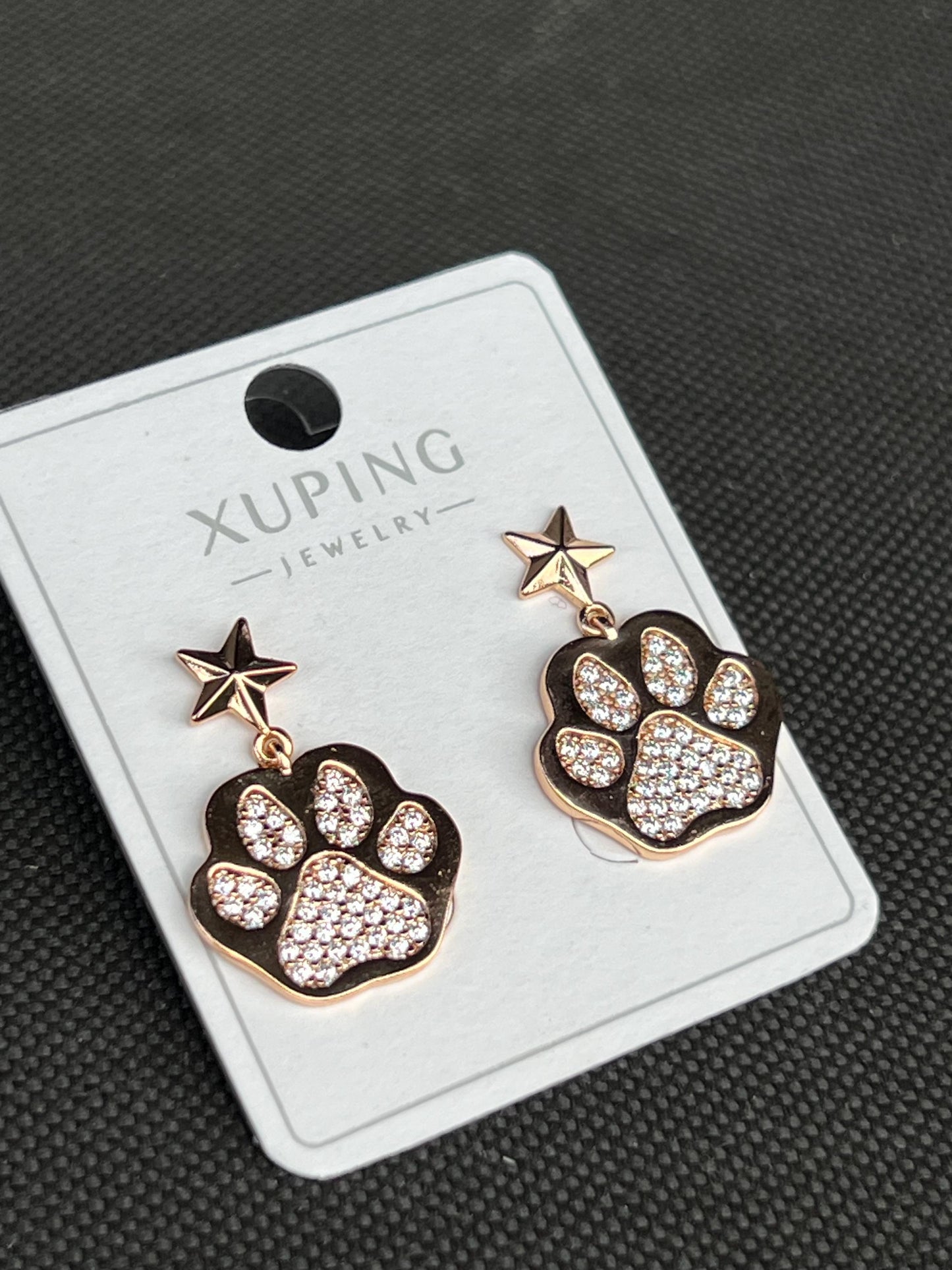 Rose Gold Paw Print Earrings, Xuping Zircon Drop Earrings, Cute Animal Jewelry, Dog Lover Gift, Dainty Pet Earrings 20x15mm