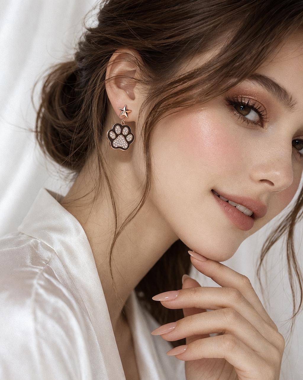 Rose Gold Paw Print Earrings, Xuping Zircon Drop Earrings, Cute Animal Jewelry, Dog Lover Gift, Dainty Pet Earrings 20x15mm