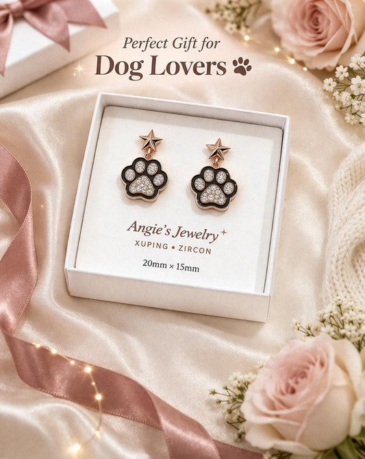 Rose Gold Paw Print Earrings, Xuping Zircon Drop Earrings, Cute Animal Jewelry, Dog Lover Gift, Dainty Pet Earrings 20x15mm