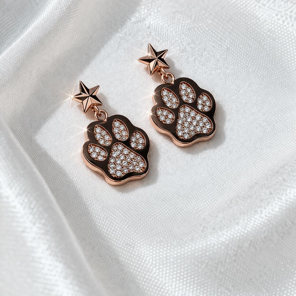 Rose Gold Paw Print Earrings, Xuping Zircon Drop Earrings, Cute Animal Jewelry, Dog Lover Gift, Dainty Pet Earrings 20x15mm