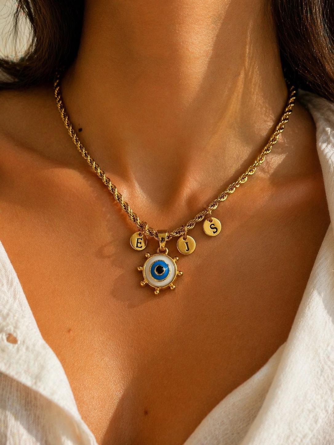 Personalized Evil Eye Rope Chain Necklace, Custom Initial Necklace, Gold Statement Necklace, Gift for Her