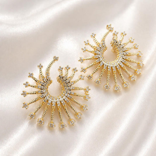 Gold Sunburst Earrings, Lightweight Statement Earrings, CZ Studs, Stainless Steel Non Tarnish, Hypoallergenic Jewelry Gift for Her