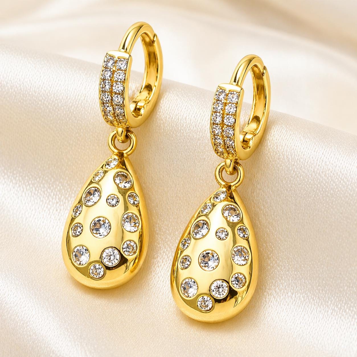 Gold Drop Earrings|Stainless Steel CZ Earrings, Dainty Huggie Teardrop Earrings|Non Tarnish Gold Jewelry|Hypoallergenic Lightweight Earrings