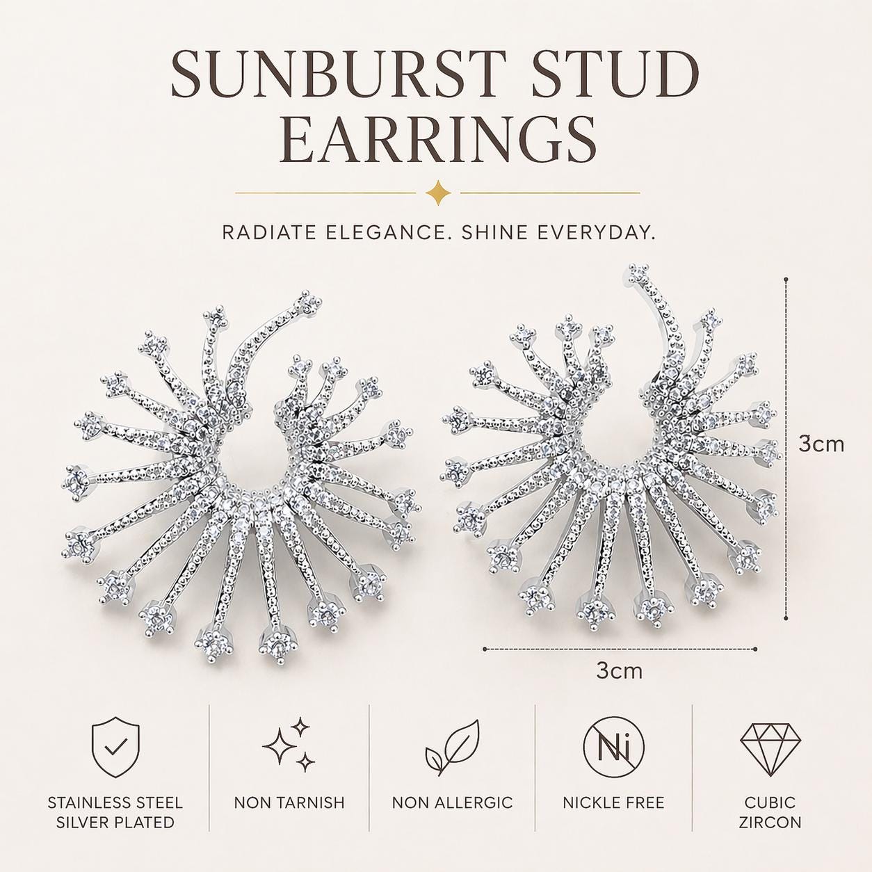 White Gold Sunburst Earrings, Lightweight Statement Earrings, CZ Studs, Stainless Steel Non Tarnish, Hypoallergenic Jewelry Gift for Her