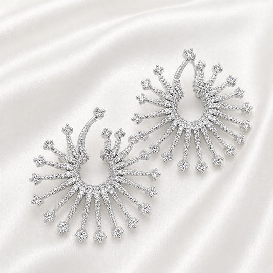 White Gold Sunburst Earrings, Lightweight Statement Earrings, CZ Studs, Stainless Steel Non Tarnish, Hypoallergenic Jewelry Gift for Her