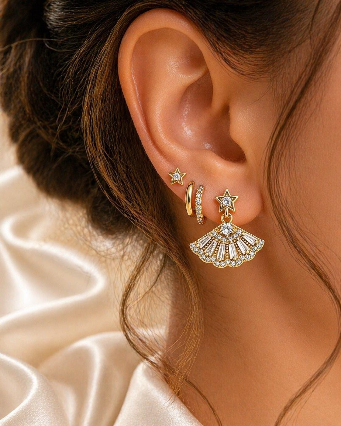 Gold Fan Drop Earrings, CZ Star Detail, Hypoallergenic Stainless Steel