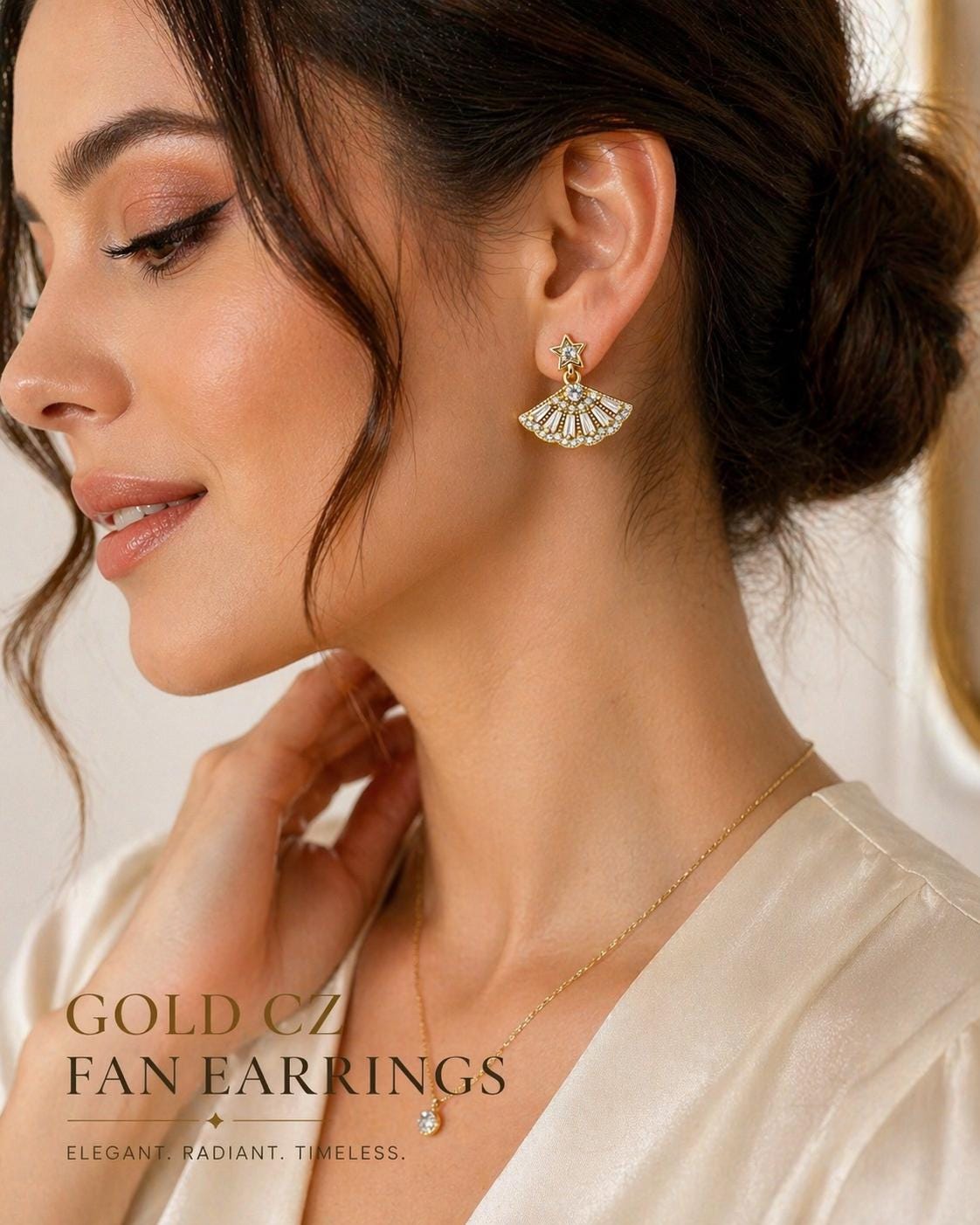 Gold Fan Drop Earrings, CZ Star Detail, Hypoallergenic Stainless Steel