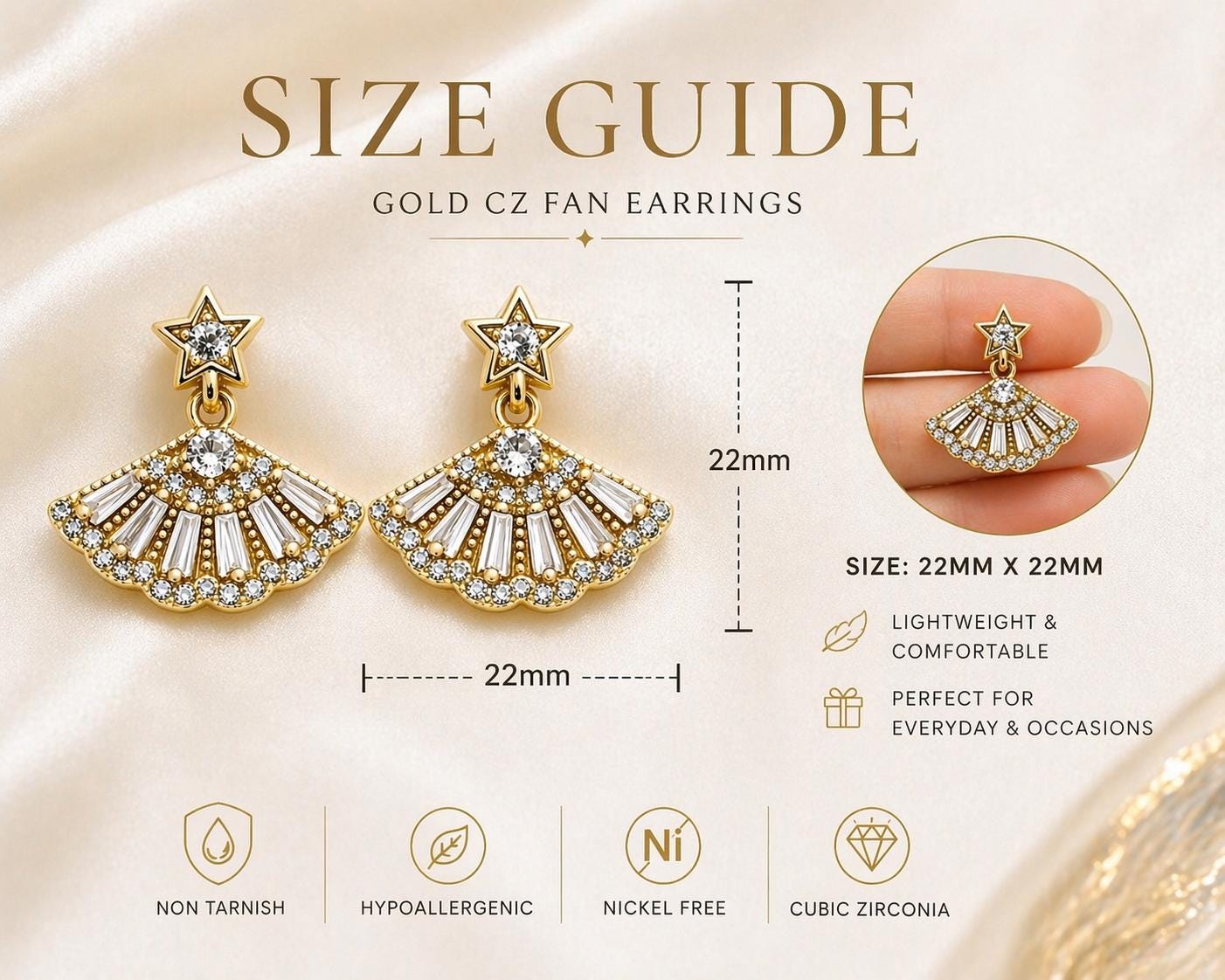 Gold Fan Drop Earrings, CZ Star Detail, Hypoallergenic Stainless Steel