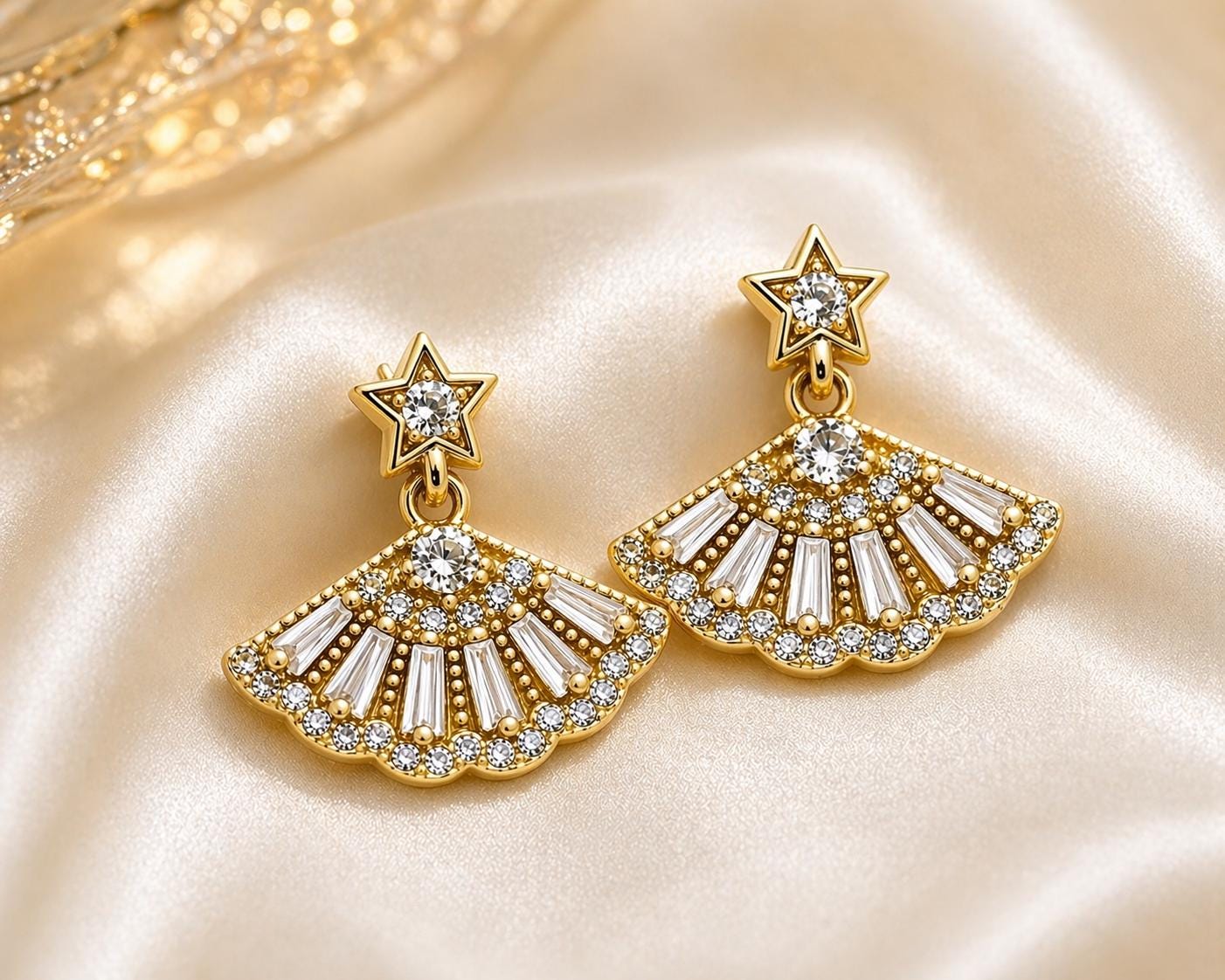 Gold Fan Drop Earrings, CZ Star Detail, Hypoallergenic Stainless Steel