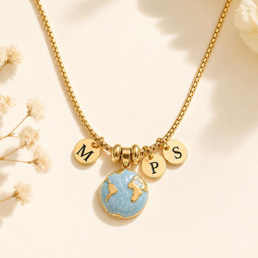 Personalized Initial Necklace with Globe Pendant, Custom Family Necklace, Travel Necklace, Mom Gift, Grandma Gift, Gift for Her