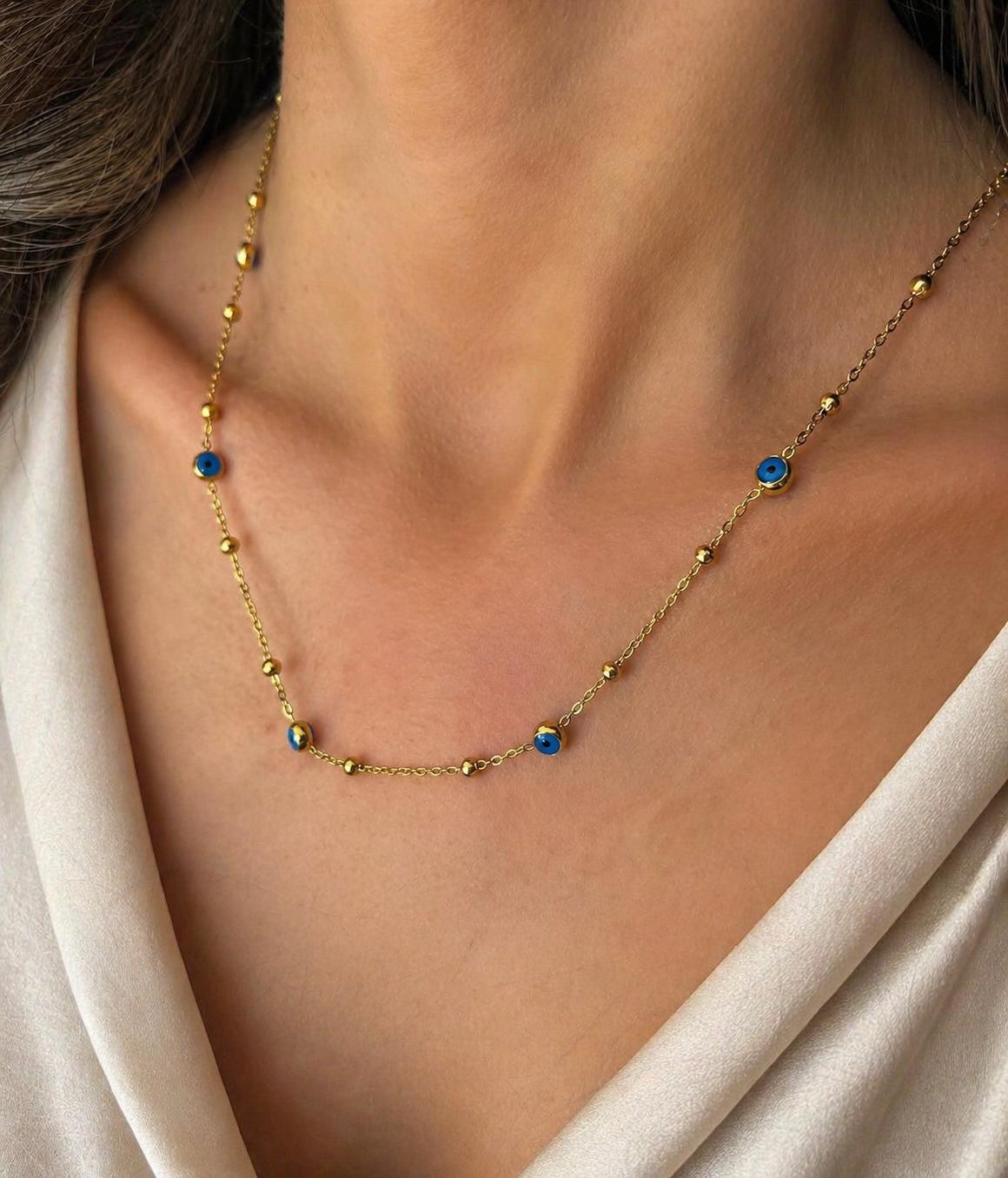 Gold Evil Eye Necklace, Dainty Station Necklace, Adjustable Stainless Steel Necklace, Minimal Layering Jewelry, Waterproof Gift for Her
